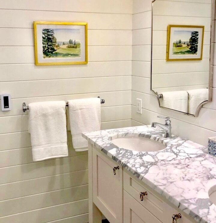 A shiplap bath with a marble-topped vanity and a framed landscape watercolor.