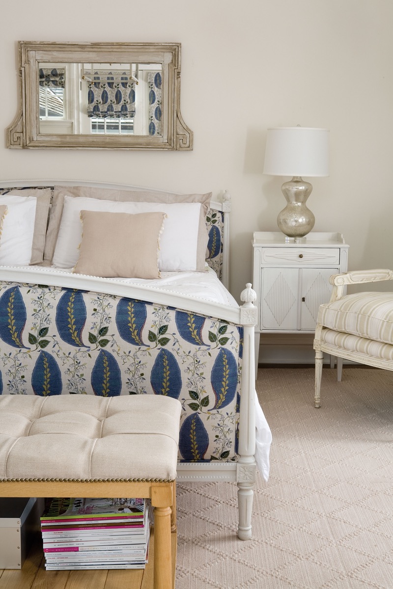 Bedroom with a blue paisley upholstered bed, Fairfield CT