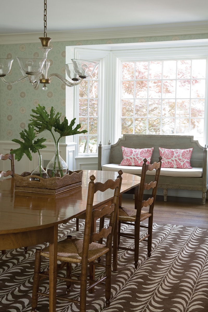 Dining room with a Swedish settee and bay window, Fairfield CT