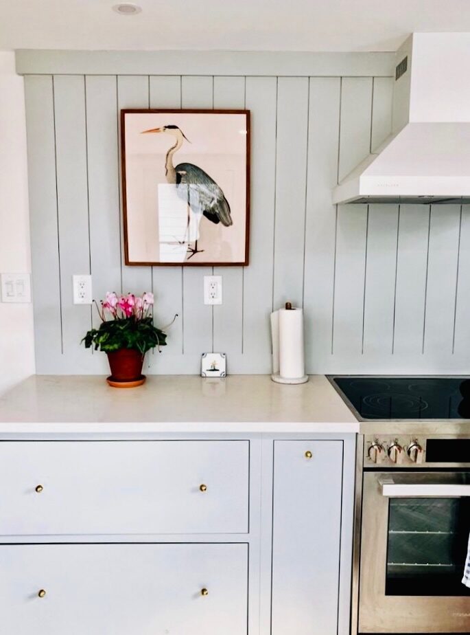 A detail of the gray kitchen with brass hardware, a heron print, and a potted cyclamen.