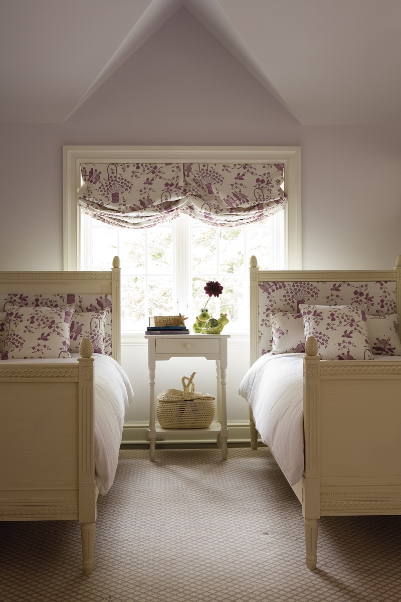 Twin bedroom with matching beds and lilac accents, Fairfield CT